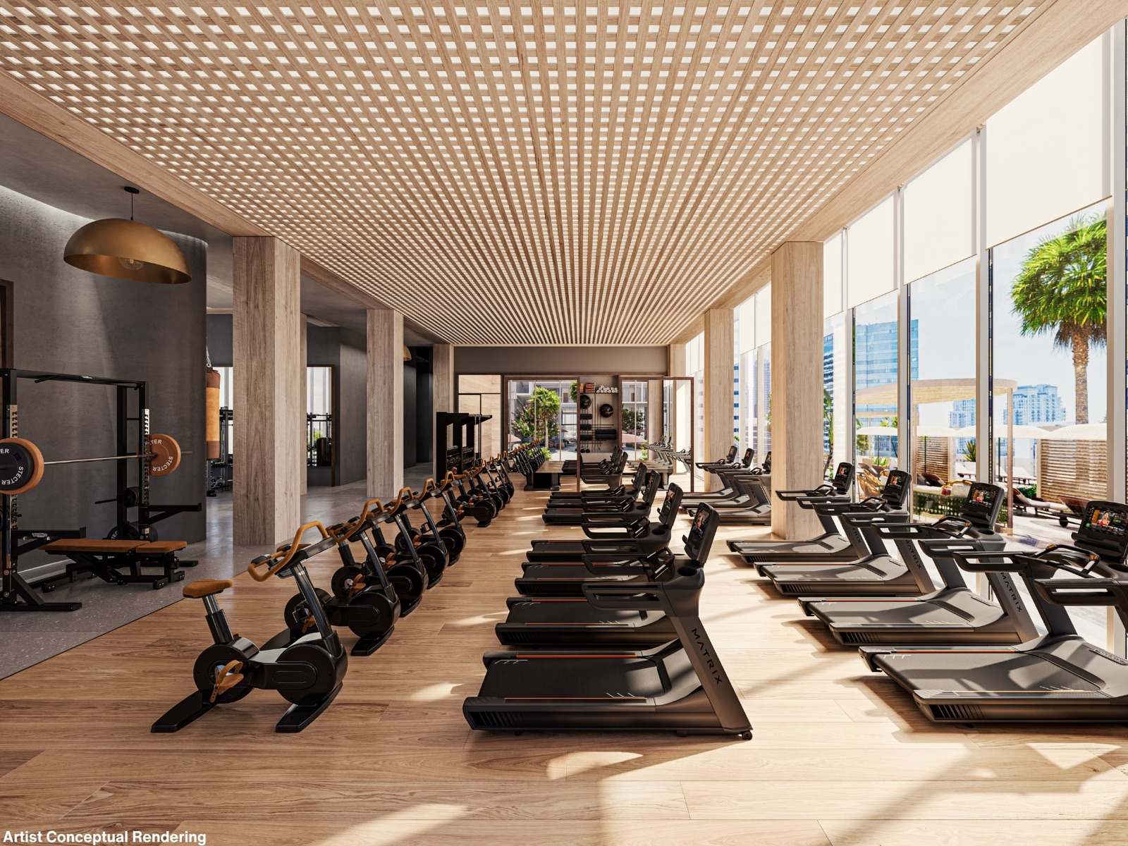 The 5,725 SF fitness center at Ombelle Fort Lauderdale — rows of treadmills and bikes under a sculpted oak-lattice ceiling, with strength equipment and palm views through floor-to-ceiling glass.