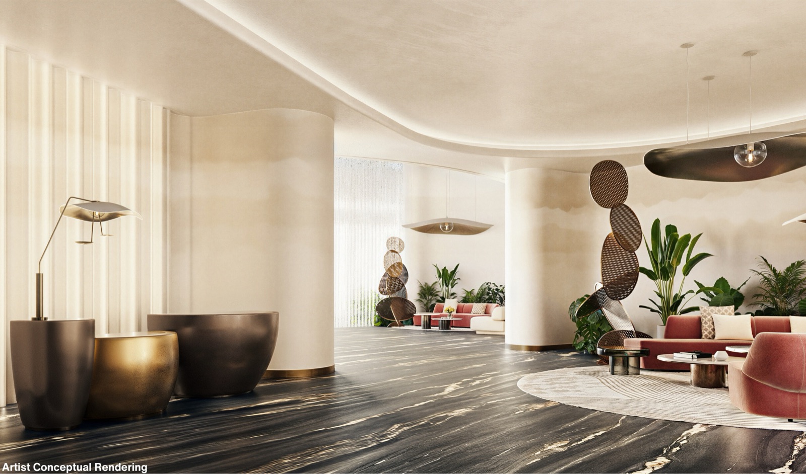 The arrival lounge at Ombelle Fort Lauderdale — curved cream ceilings, sculptural bronze pendants, terracotta and blush seating, and a tranquil indoor garden, designed by ODA New York.