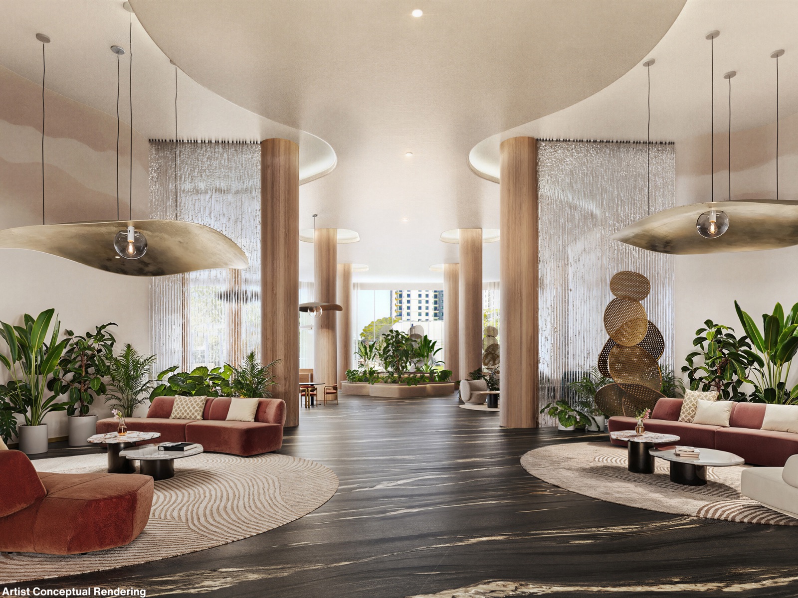The 15,000 SF residential lobby at Ombelle Fort Lauderdale designed by ODA — soaring sculpted columns, black marble floors, floating bronze light sculptures, and lush plantings around a sunlit lounge.