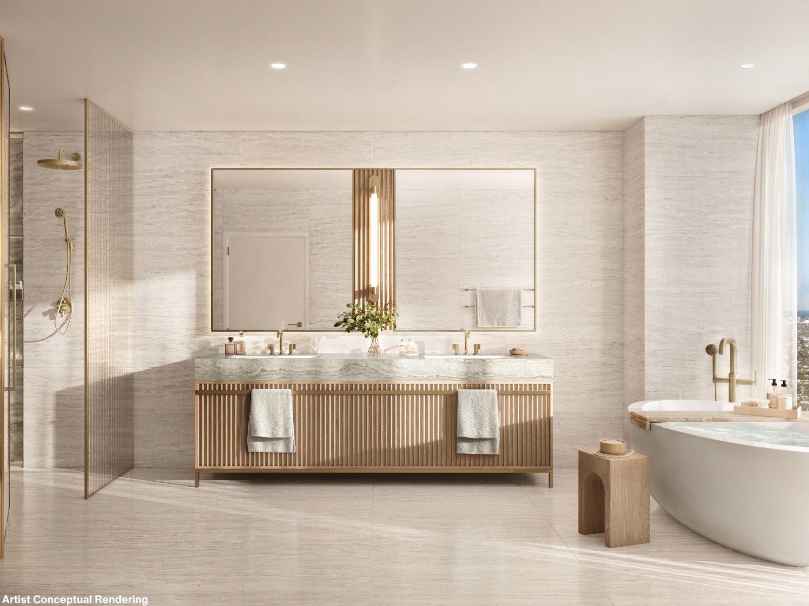 A primary bathroom at Ombelle Fort Lauderdale — Moruzzi Italian porcelain walls, a custom oak double vanity with natural stone top, brass fixtures, and an oversized soaking tub beside a panoramic window.