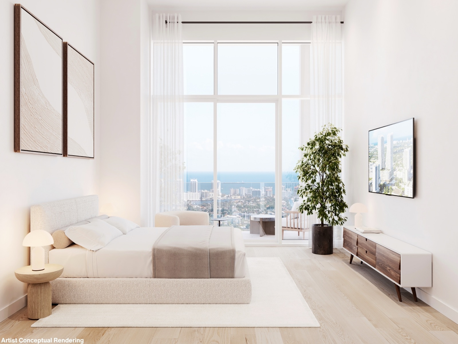 A primary bedroom at Ombelle Fort Lauderdale — soft cream furnishings, oak floors, and a full-height window wall opening to a terrace with downtown Fort Lauderdale and Atlantic Ocean views.