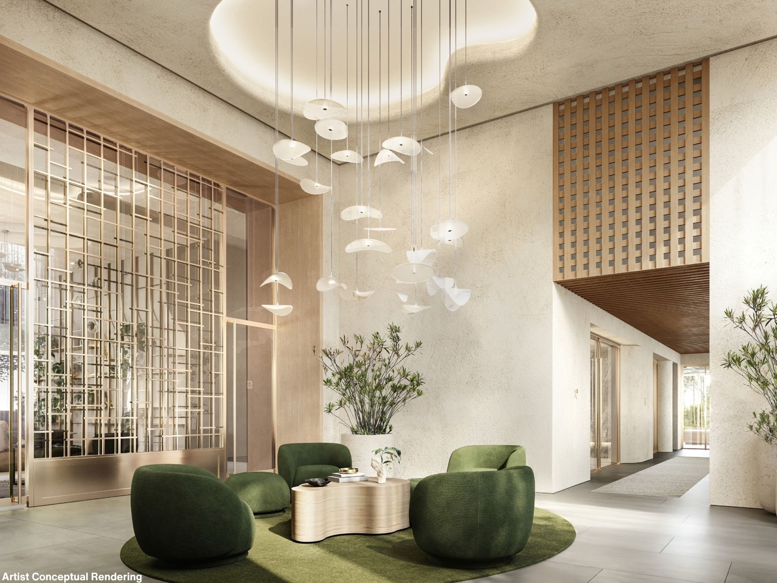 The relaxation lounge at Ombelle's Sanctuary — moss-green armchairs under a cascading sculptural chandelier, a shimmering beaded screen, and warm oak details by ODA New York.