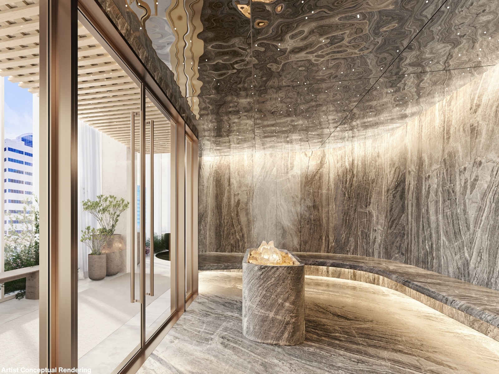 The spa at Ombelle's Sanctuary — a sculpted grey-marble relaxation chamber with a glowing crystal centerpiece, mirrored ceiling, and glass walls opening to a private terrace garden.